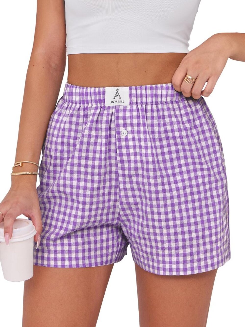 〽️Women's Boxer Shorts Purple White Plaid Casual Lounge Sleep Comfort High Rise